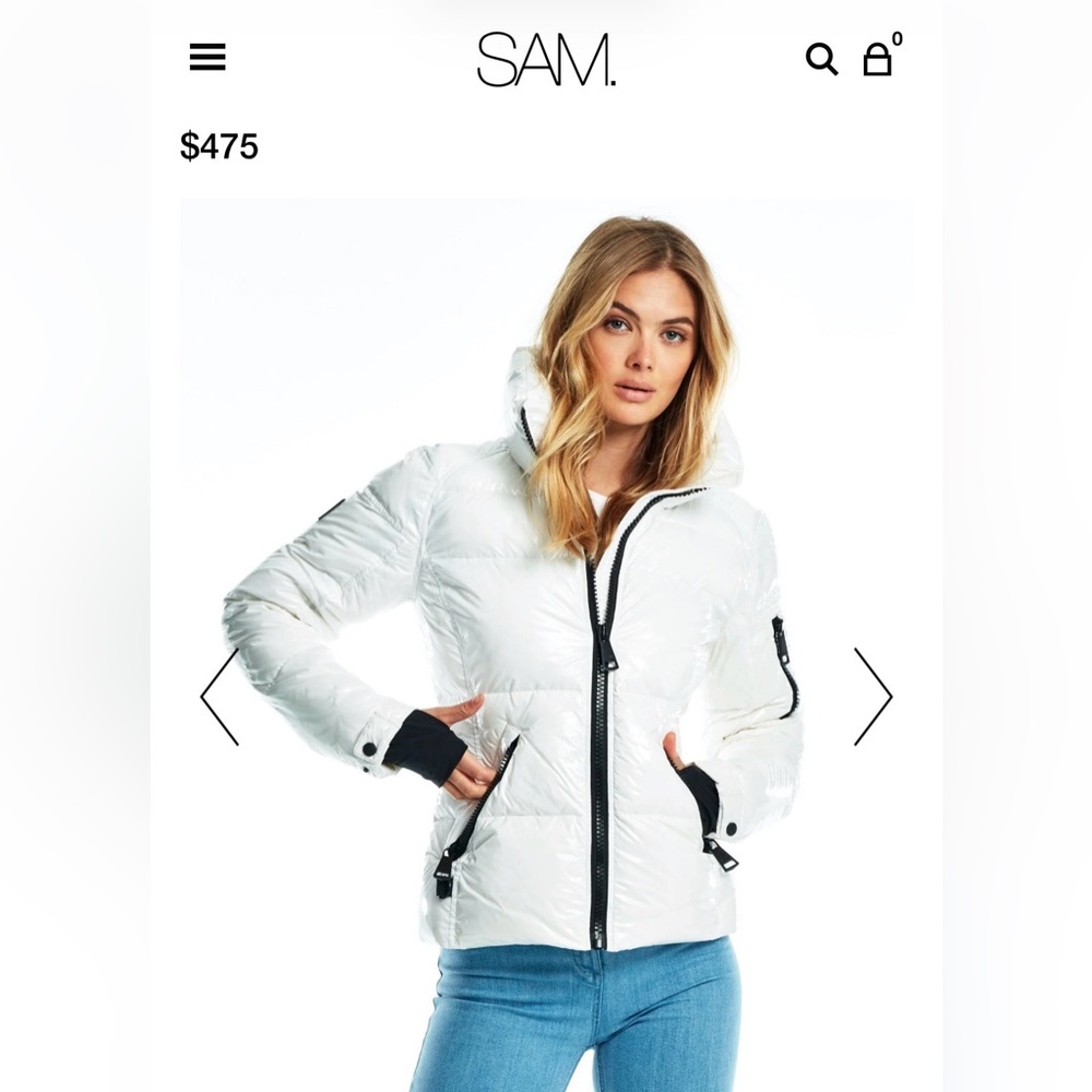 SAM. Freestyle White Puffer Jacket Women’s Small Black Trim High Collar